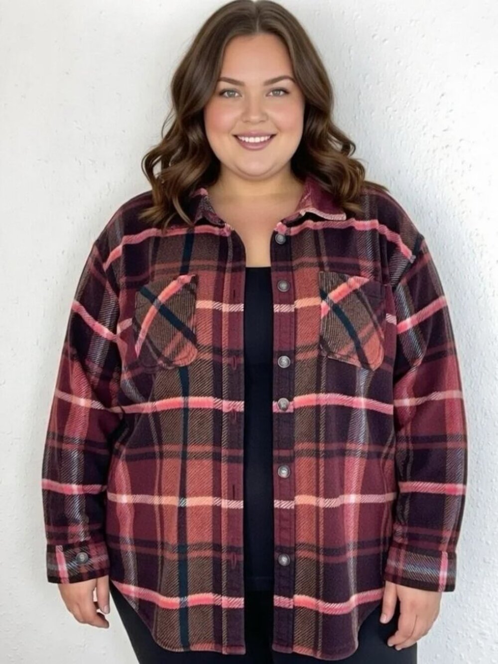 Maurices Maroon Plaid Fleece Button-Up Cozy Warm Shacket Shirt Jacket